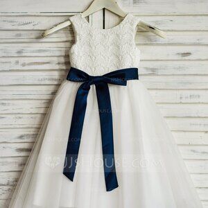 A-Line Tea-length Flower Girl Dress - Tulle Sleeveless Scoop Neck W/lace/sash